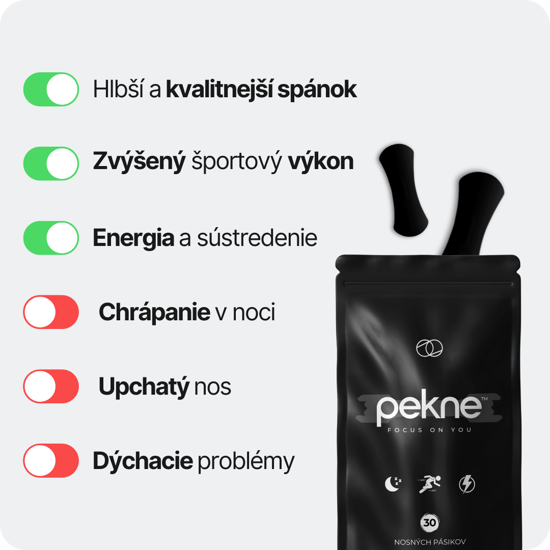 Infografika zvýrazňujúca výhody PekneStrips™: lepší spánok, zvýšený výkon a zlepšenie dýchania.