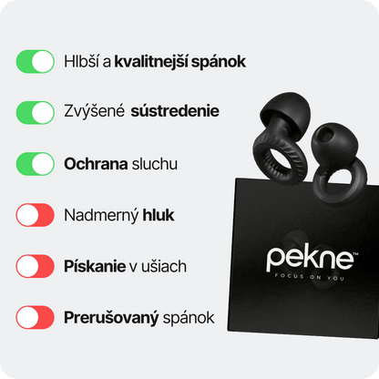 PeknePods Silence štuple do uší s benefity pre spánok, sústredenie a ochranu sluchu pred hlukom.